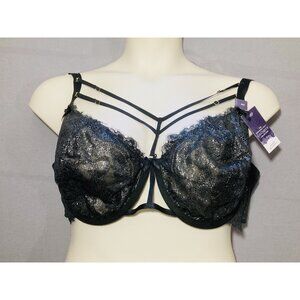 Cacique Bra 48C Black Lace Silver Metallic Sheen Cage Bra